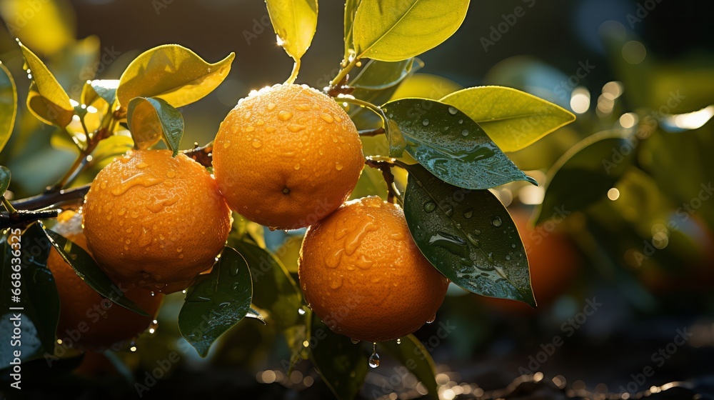 Beautiful ripe big orange on tree with light. Generative AI.