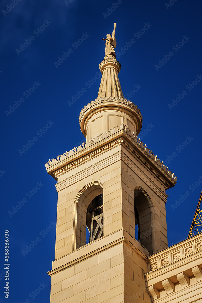 Fototapeta premium Lutheran church St. Nicholas (St. Nikolaikirche, from 1837) and Obelisk at Alter Markt square. During World War II, St. Nicholas’ Church was damaged and in 1981 was restored. POTSDAM, GERMANY. 