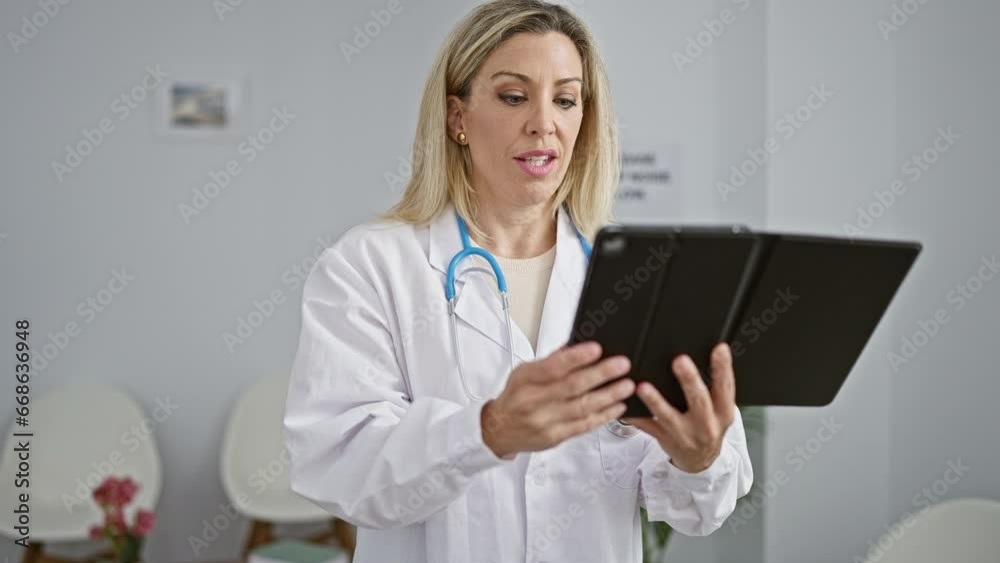 Young blonde woman doctor holding touchpad smiling at clinic waiting room Young blonde woman doctor holding touchpad smiling at clinic waiting room