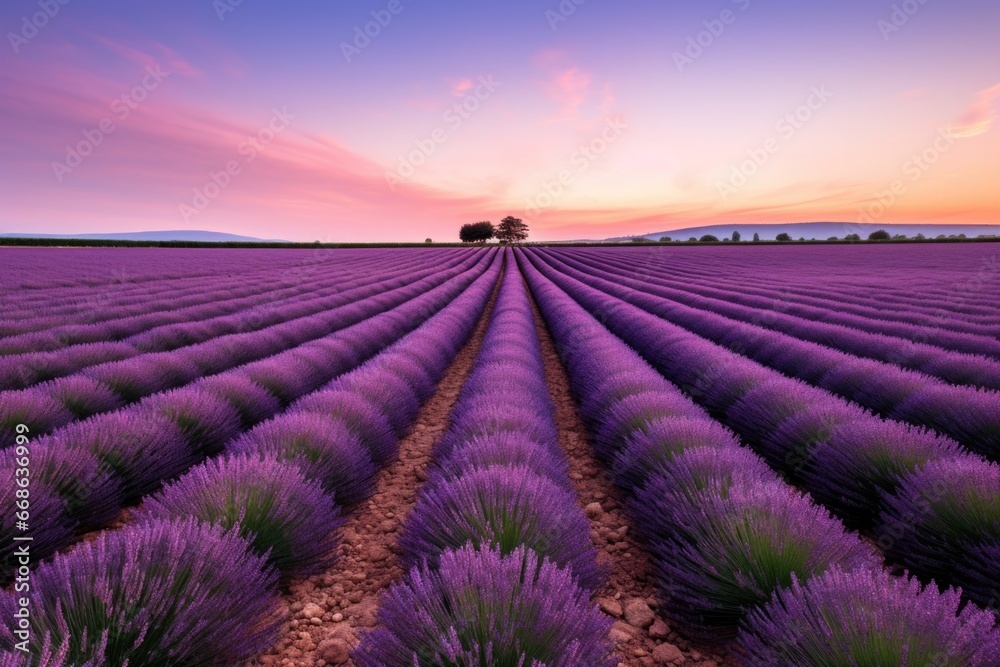 lavender fields stretching to the horizon - obrazy, fototapety, plakaty 