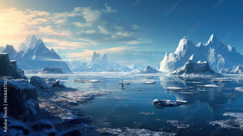 Arctic ice field with floating icebergs. Cold polar landscape.