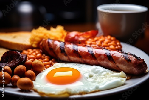 Traditional full English breakfast with fried eggs, sausages, beans and bacon on the table close up