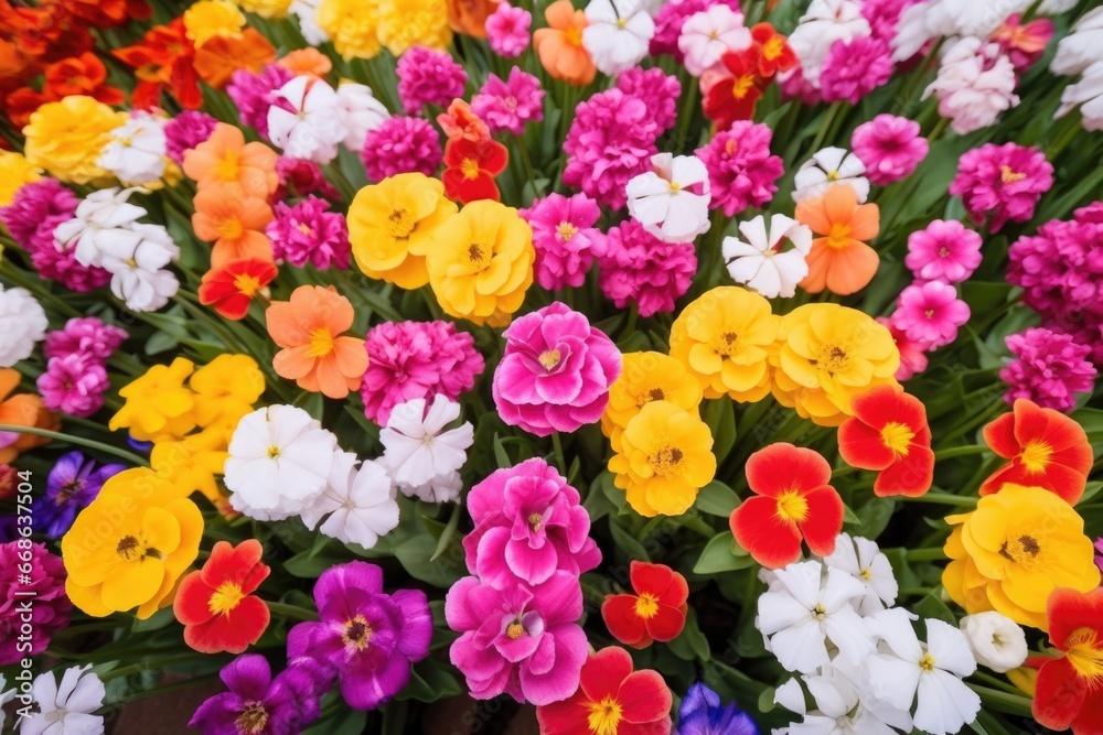 top-view of a flowerbed of tulips in various colors - obrazy, fototapety, plakaty 