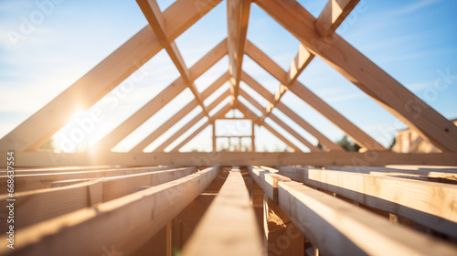 A wooden roof frame rafters on a building under construction, on a sunny day, without people photo