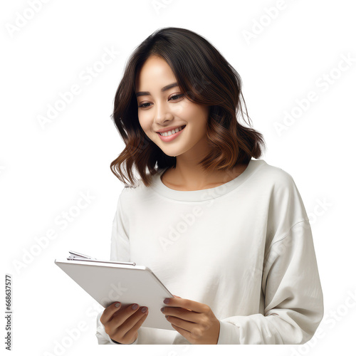 24 years old asian female taking notes and smiling while standing isolated on transparent background