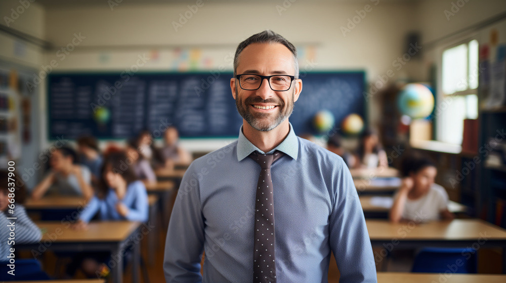 portrait of a kind male school teacher in a classroom, slight smile, candid portrait of a kind male school teacher in a classroom, slight smile, candid