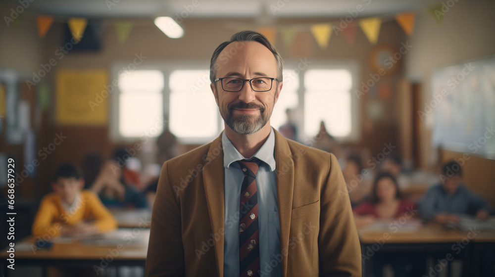 portrait of a kind male school teacher in a classroom, slight smile, candid portrait of a kind male school teacher in a classroom, slight smile, candid