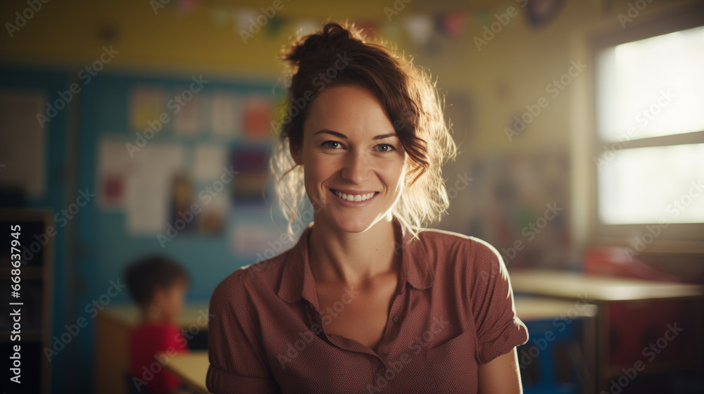 portrait of a kind female Montessori kindergarten teacher in a kindergarten with children, slight smile, candid
