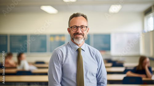 portrait of a kind male school teacher in a classroom, slight smile, candid