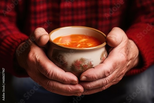 hands tightly clasping a mug filled with goulash