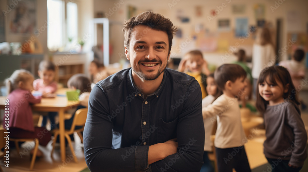 portrait of a kind male Montessori kindergarten teacher in a kindergarten with children, slight smile, candid portrait of a kind male Montessori kindergarten teacher in a kindergarten with children, slight smile, candid