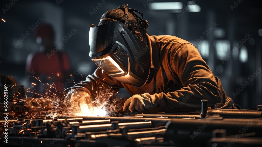 Black and white tone color welder is welding. Generative AI. Black and white tone color welder is welding. Generative AI.