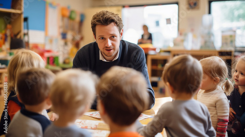 portrait of a kind male Montessori kindergarten teacher in a kindergarten with children, slight smile, candid