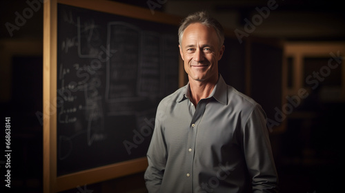 A professor stands in a university lecture hall, smiling in front of a blackboard