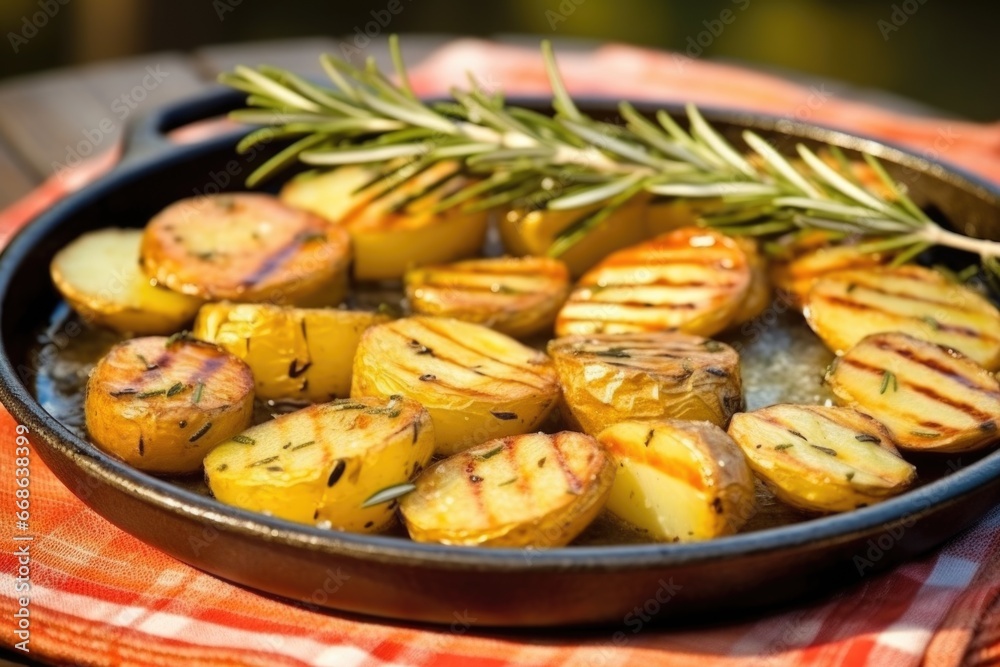 macro shot of grilled potatoes with rosemary on a clay dish macro shot of grilled potatoes with rosemary on a clay dish