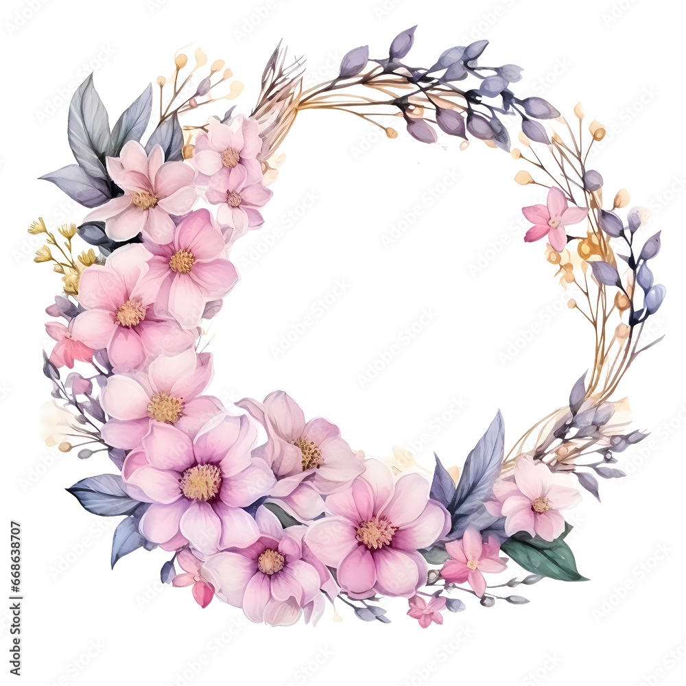 Watercolor circle flower frame-transparent background