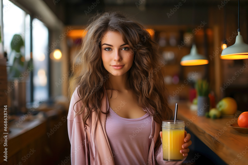 A woman sitting on a window sill holding a healthy drink. A woman sitting on a window sill holding a healthy drink.