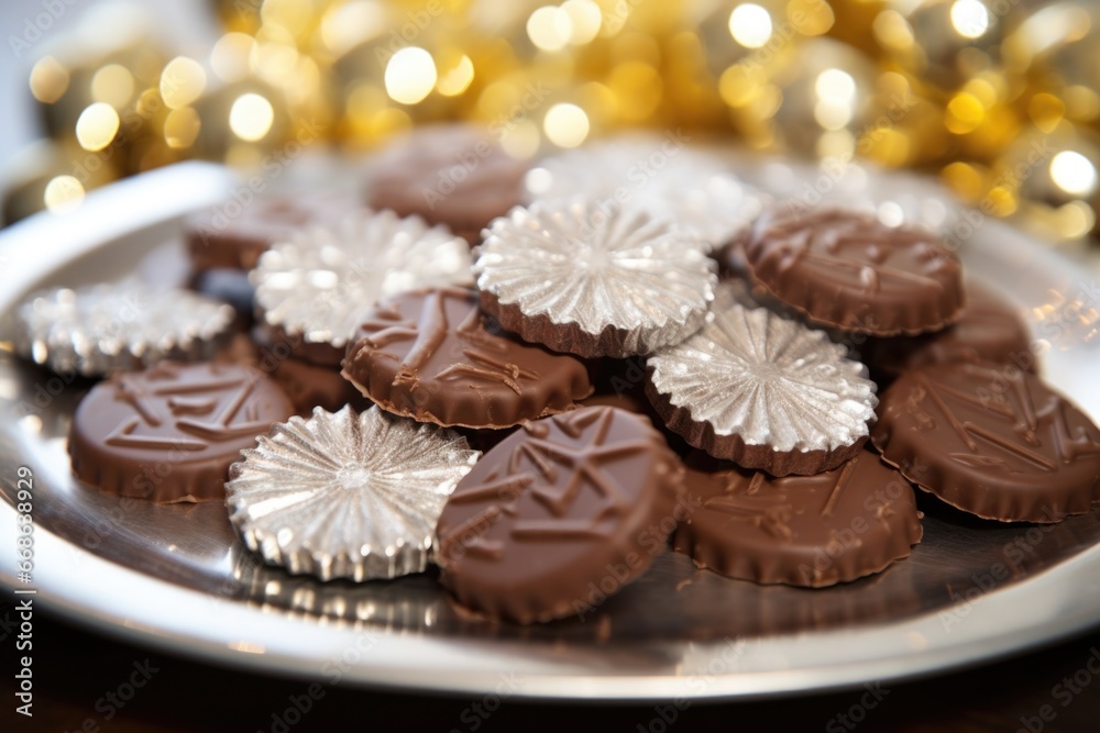 close-up of hanukkah gelt chocolate coins on a silver plate close-up of hanukkah gelt chocolate coins on a silver plate