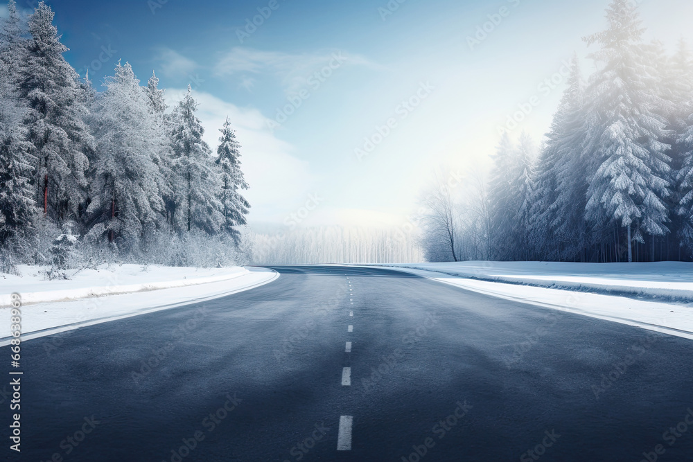 Fototapeta premium Asphalt road going through the forest at winter