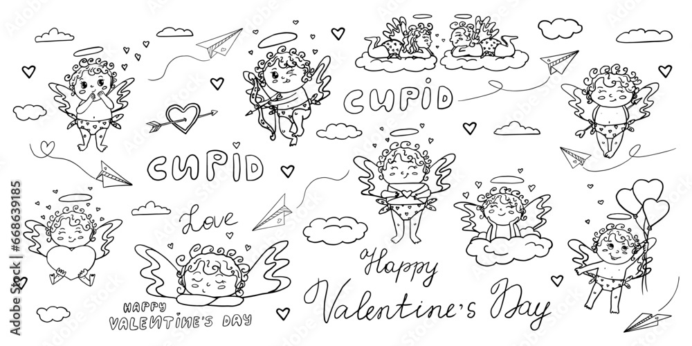 Big set of cute cupids with hearts and love letter, Cupid's arrow, love envelope. Cartoon cupids on the clouds. Great for Valentine's Day cards, posters, packaging and design. Hand drawn. Doodle style