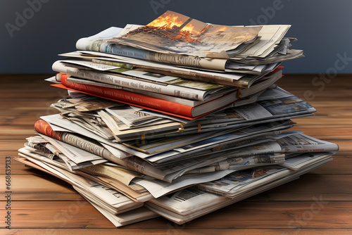 A stack of magazines sitting on top of a wooden table.