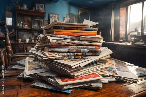 A stack of magazines sitting on top of a wooden table. © Degimages