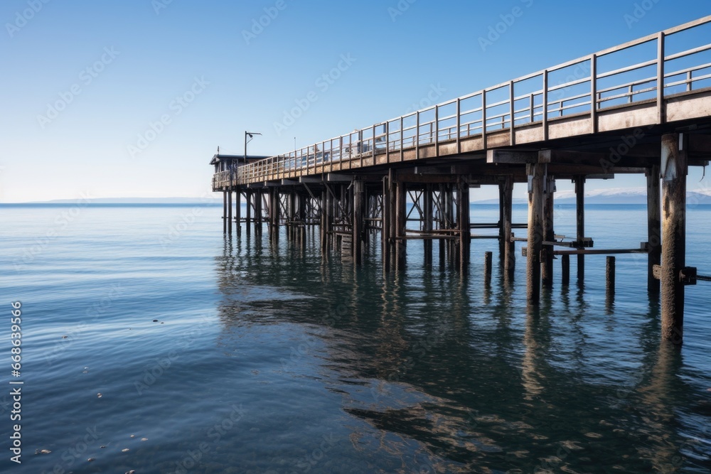 pier extending out to sea, seen from the water