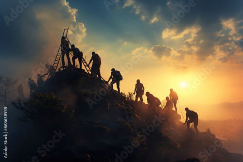 A group of people standing on top of a mountain. People helping each other.