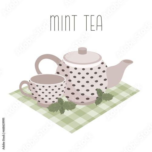 Peppermint tea, healthy drink. Teapot and cup with mint tea and mint. Illustration, vector