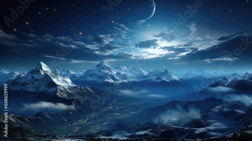Fantasy planet. Mountain and night moon sky illustration. © AS Photo Family