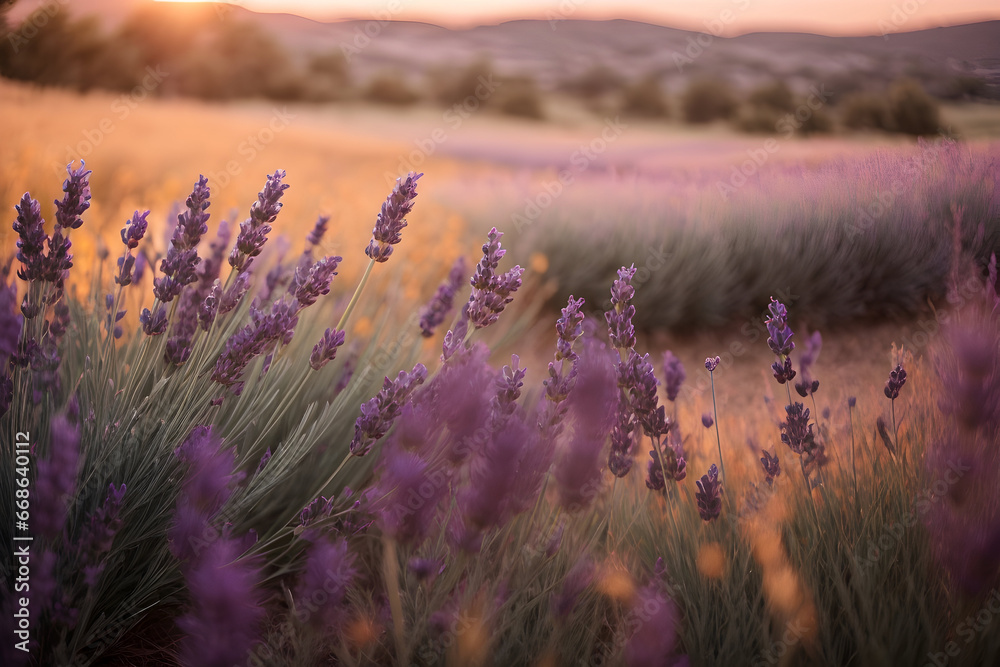 Naklejka premium Golden hour over meadow of lavender, Depth of field, copy space. Generative ai