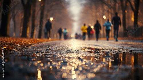 Raindrops on the asphalt in the city park. Blurred background with running people. photo