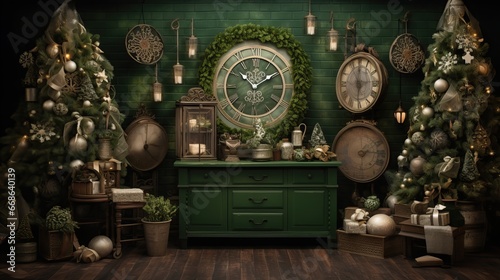 Stylish, unique background for watch lovers. Stylized reproductions of clocks on the background of Christmas celebrations. Green, golden tones. Generative AI