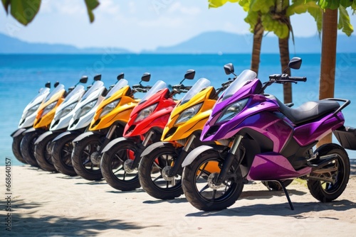 brightly colored jet skis ready for rent at beachfront photo