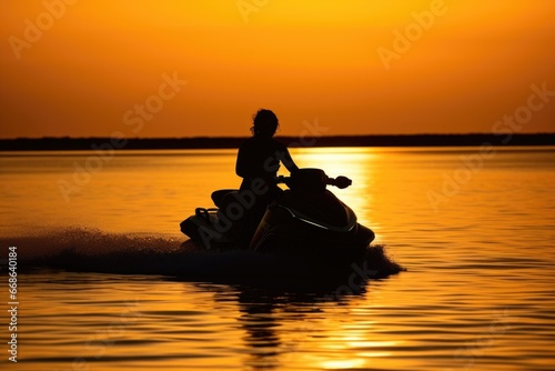 silhouette of a personal watercraft against a setting sun © altitudevisual