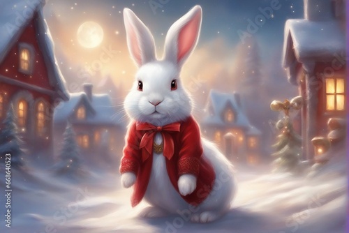 white fluffy bunny wearing a Christmas dress with red cap in a snow  blurry background with beautiful season.
