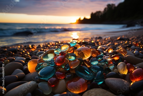 Photo of bright colorful sea glass stone shape in sand near light blue ocean blue sky Generative AI