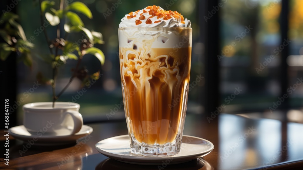 Caramel latte in a tall glass on a marble. Generative AI. Caramel latte in a tall glass on a marble. Generative AI.