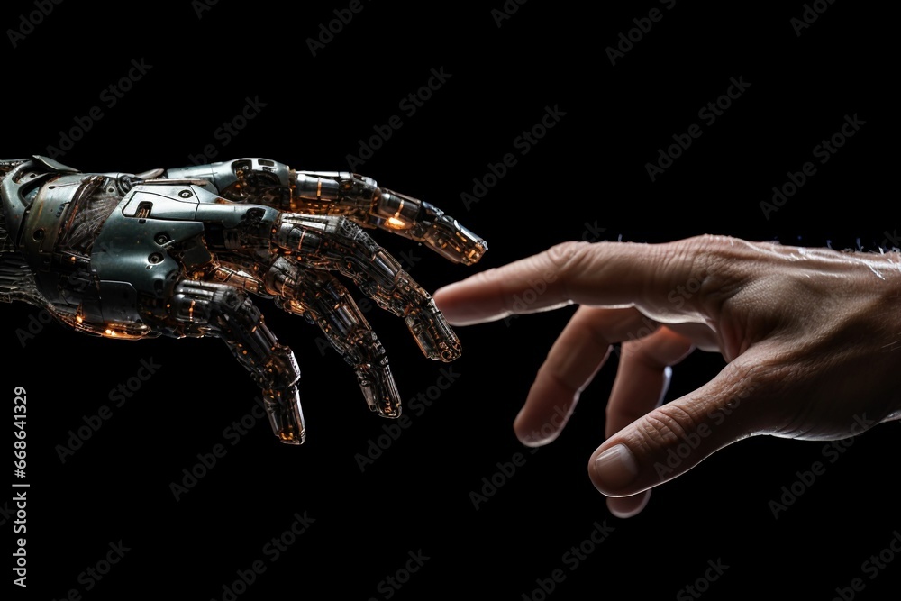 the hands of a humanoid man are touching on top of an artificial hand