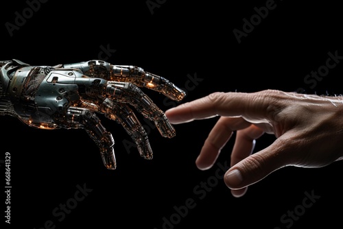 the hands of a humanoid man are touching on top of an artificial hand © Wirestock