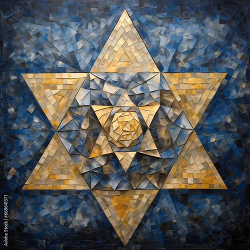 A blue and gold star of david, in the style of mosaic