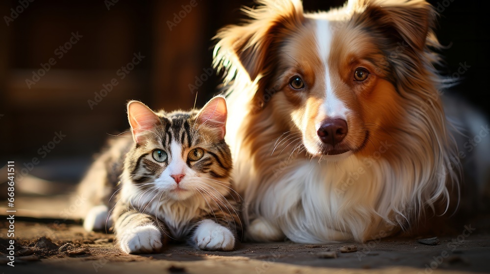 Cat and dog lying together pet friends. Generative AI.