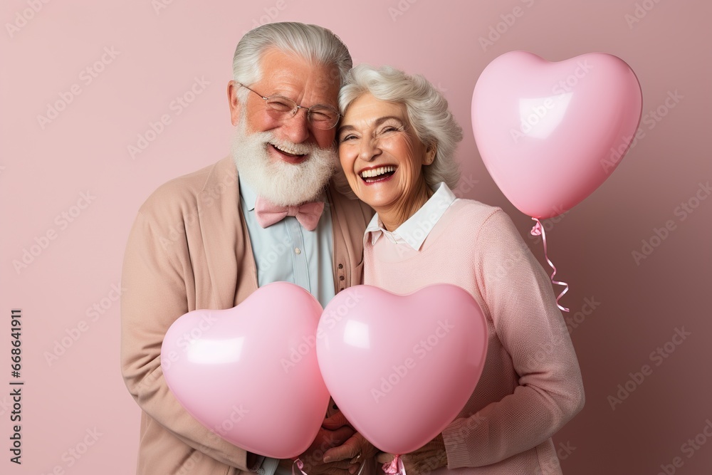 Senior couple holding heart balloon. AI Generated. Senior couple holding heart balloon. AI Generated.