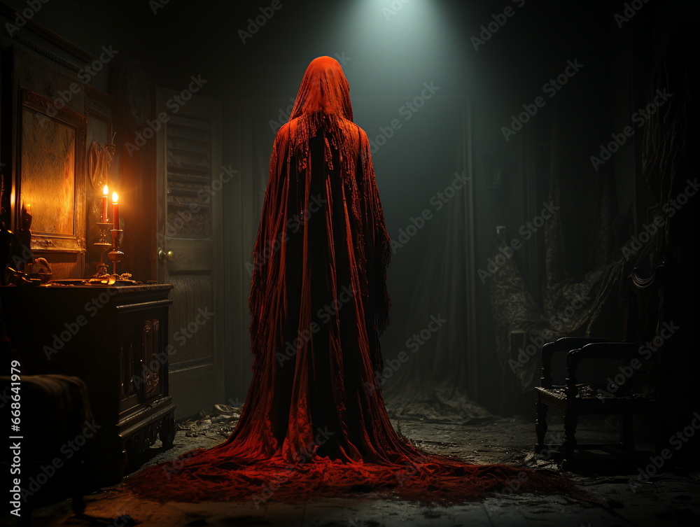 Woman in the room with a red coat - obrazy, fototapety, plakaty 