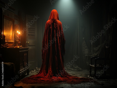 Woman in the room with a red coat photo