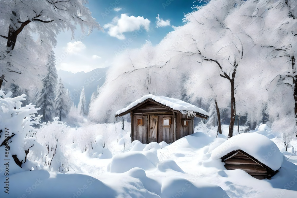 thundering and lightning in the sky with snow fall and palace way filled with snow with water lake hut covered with snow thundering and lightning in the sky with snow fall and palace way filled with snow with water lake hut covered with snow