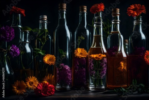 still life with a bottle of wine and flowers