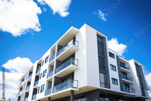 an image of a new apartment block under bright sky