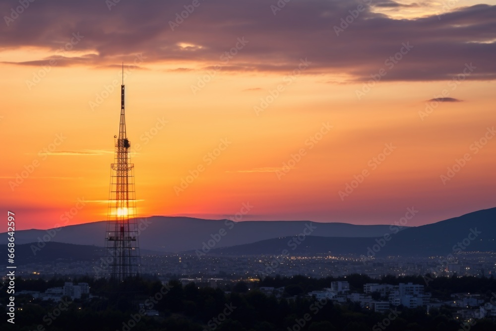 communication tower against sunset