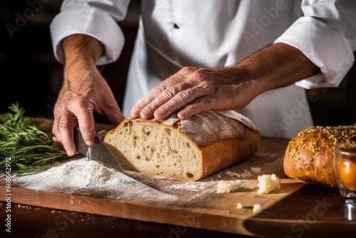 hand slicing a loaf of bread to accompany pasta dish